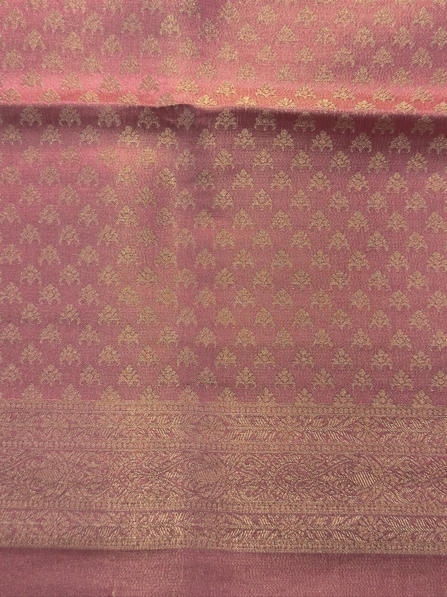 UTSAV BANARAS 439:  Elegant Rose Pink Soft Tissue Silk Saree with Gold Zari Paisley Border