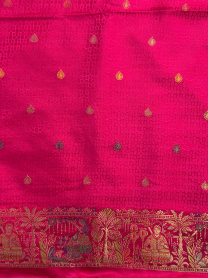 UTSAV BANARAS 416: Hot Pink Satin Tanchoi Silk Saree with Meenakari Floral Border &amp; Rich Banarasi Weaving