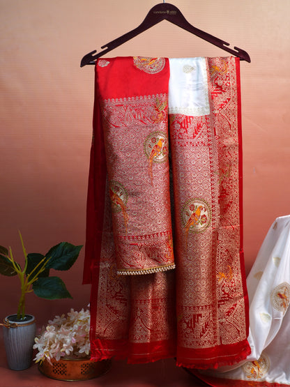 UTSAV BANARAS 421: Creamy White Satin Mashru Valkalam Saree with Meenakari Floral Border &amp; Matching Dupatta