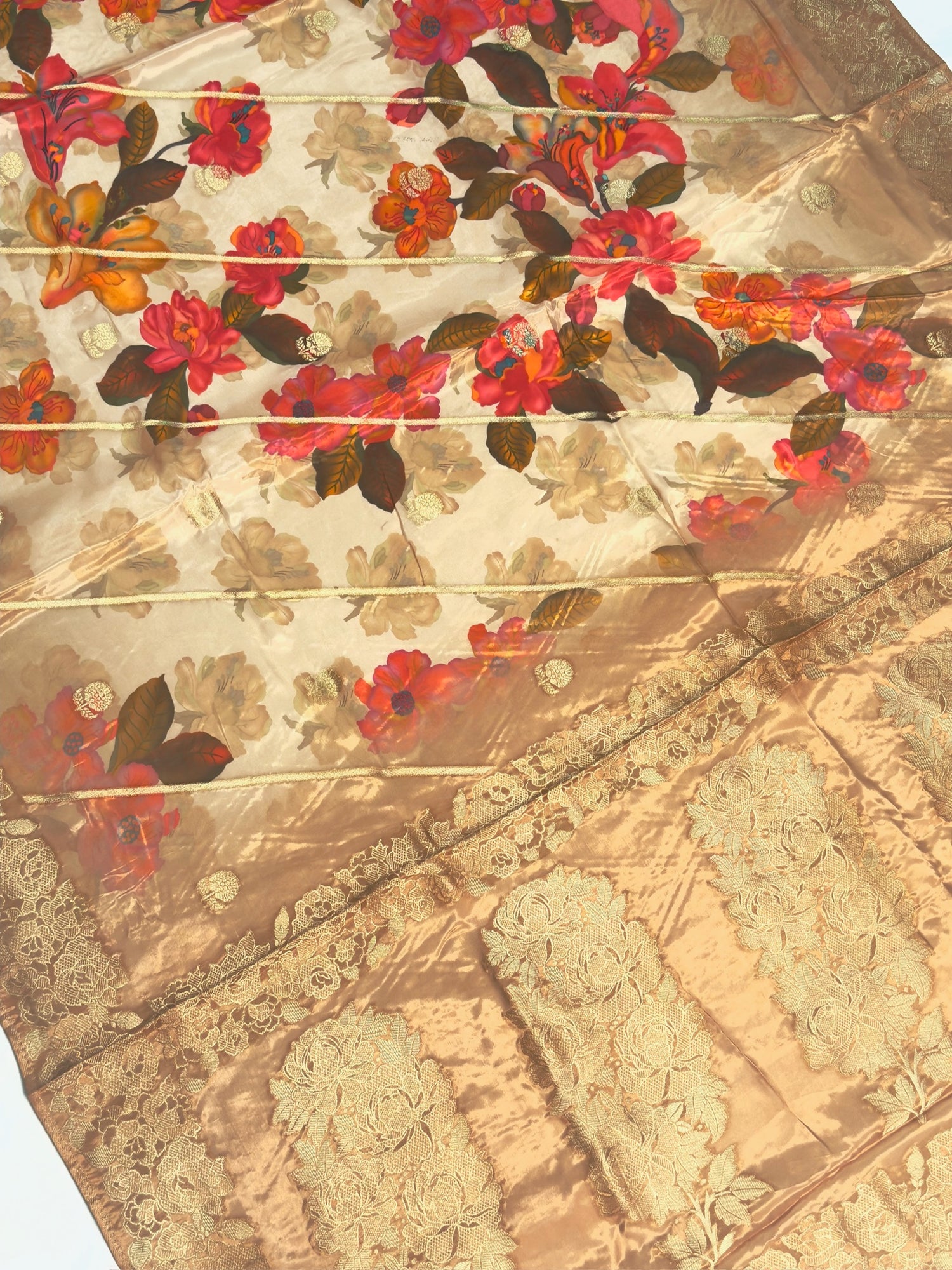 UTSAV BANARAS 491: Camel Malai Silk Saree with Digital Floral Print, Zari Stripe Design &amp; Floral Zari Border