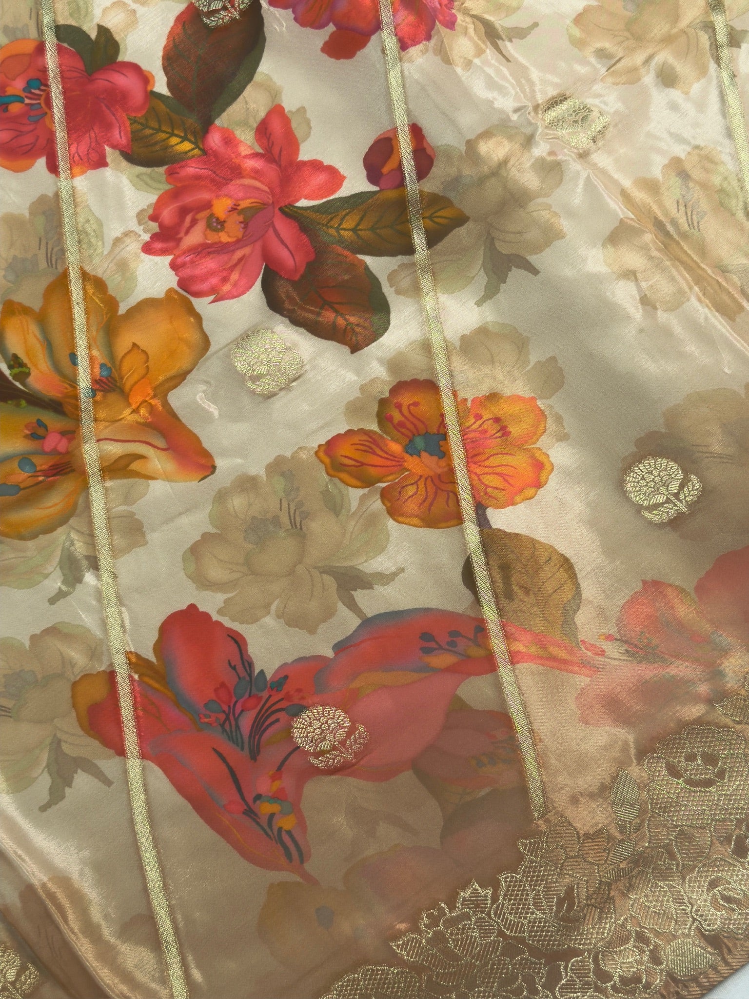 UTSAV BANARAS 491: Camel Malai Silk Saree with Digital Floral Print, Zari Stripe Design &amp; Floral Zari Border