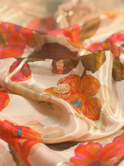UTSAV BANARAS 491: Camel Malai Silk Saree with Digital Floral Print, Zari Stripe Design &amp; Floral Zari Border