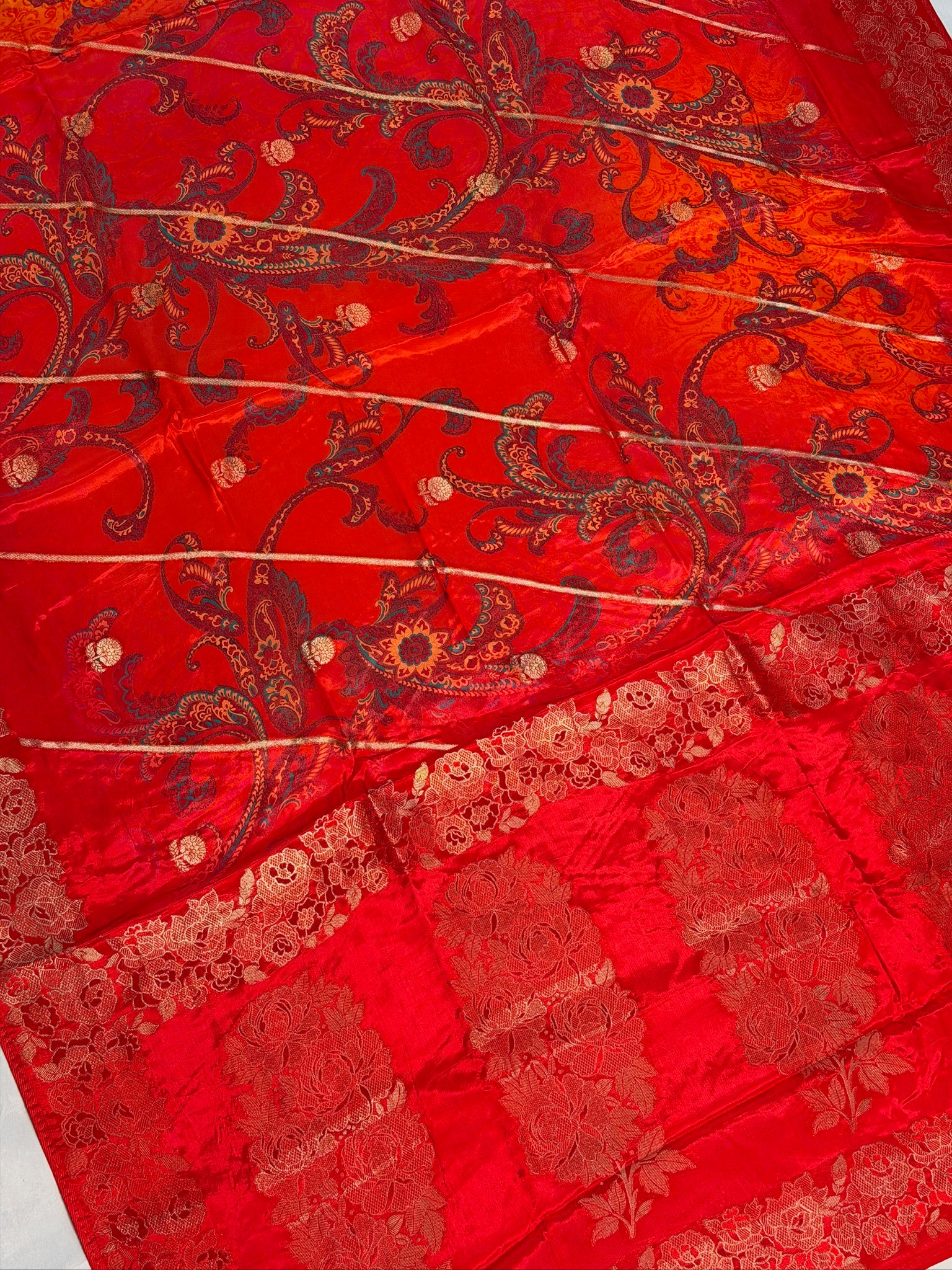 UTSAV BANARAS 488: Poppy Red Malai Silk Saree with Digital Print, Zari Stripe Design &amp; Floral Zari Border
