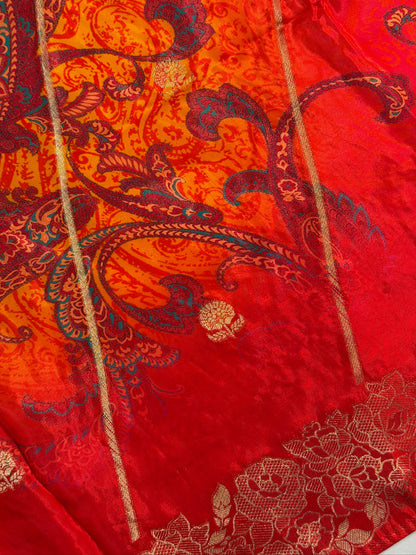 UTSAV BANARAS 488: Poppy Red Malai Silk Saree with Digital Print, Zari Stripe Design &amp; Floral Zari Border
