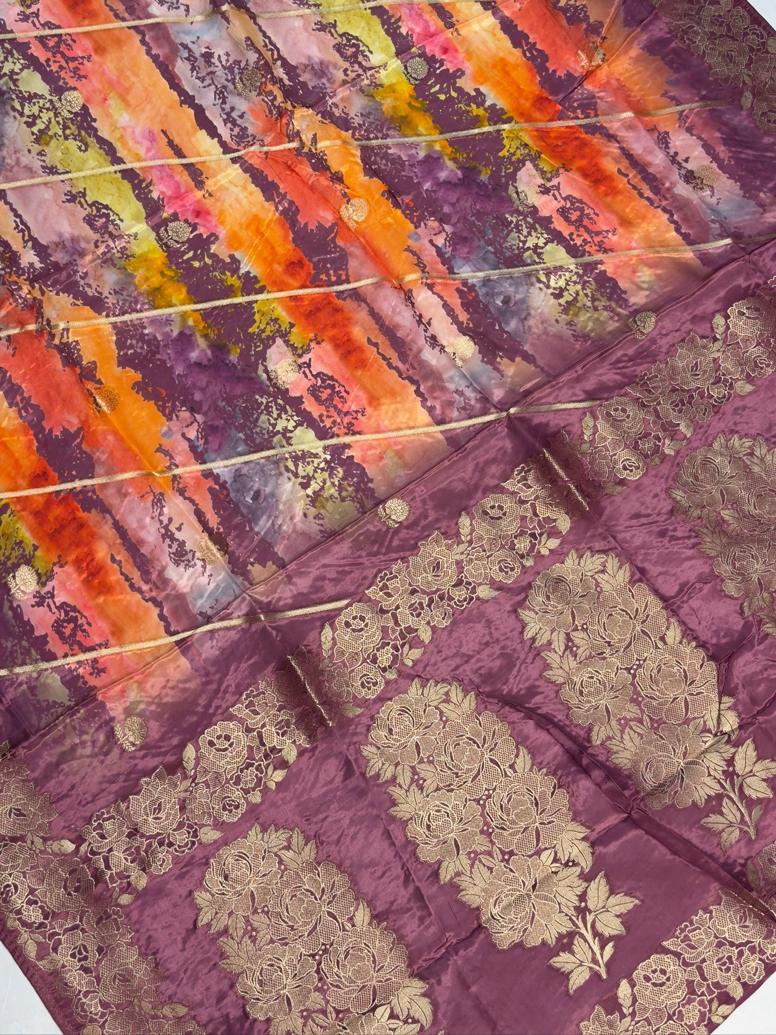 UTSAV BANARAS 490: Orchid Malai Silk Saree with Digital Print, Zari Stripe Design &amp; Floral Zari Border