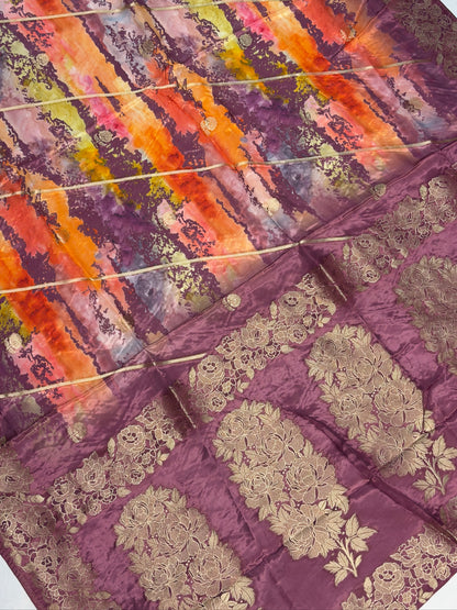 UTSAV BANARAS 490: Orchid Malai Silk Saree with Digital Print, Zari Stripe Design &amp; Floral Zari Border