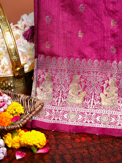 UTSAV BANARAS 415: Magenta Pink Mashru Valkalam Silk Saree with Meenakari Floral Border &amp; Heritage Zari Weaving