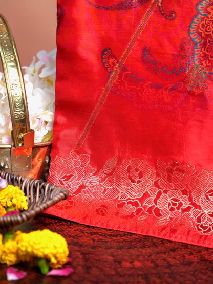 UTSAV BANARAS 488: Poppy Red Malai Silk Saree with Digital Print, Zari Stripe Design &amp; Floral Zari Border