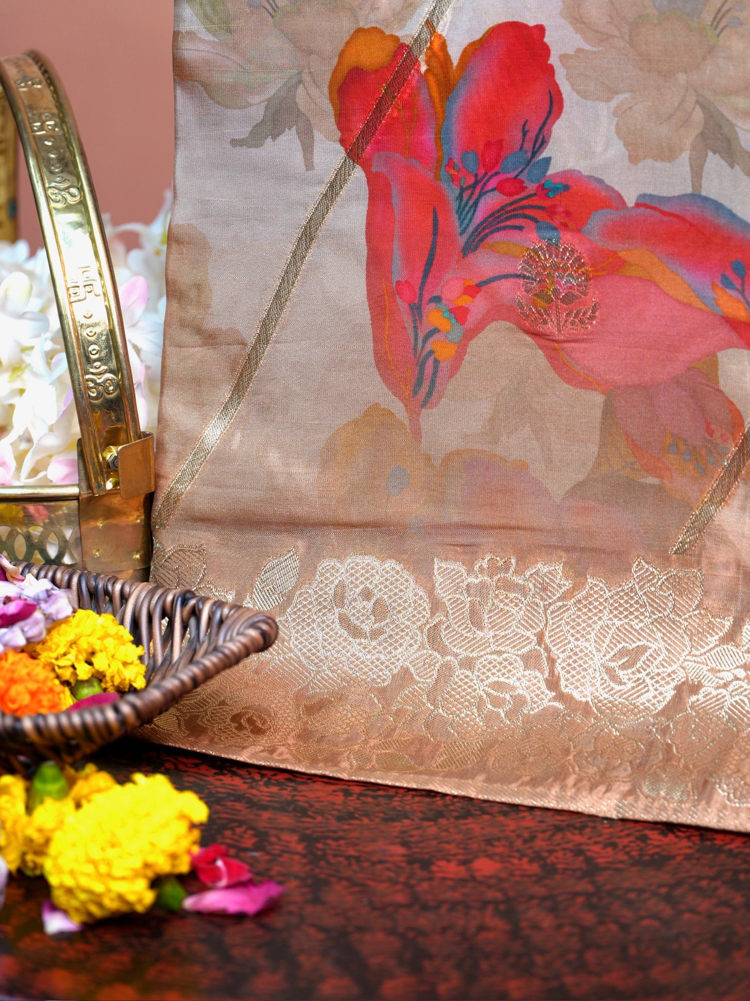 UTSAV BANARAS 491: Camel Malai Silk Saree with Digital Floral Print, Zari Stripe Design &amp; Floral Zari Border