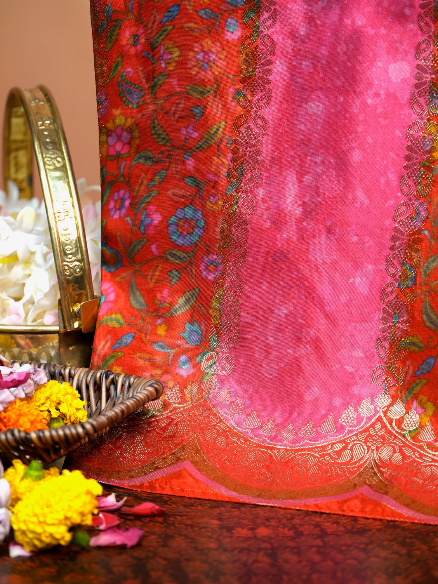 UTSAV BANARAS 493: Malai Silk Digital Print Saree with Zari Vertical Design &amp; Scallop Border