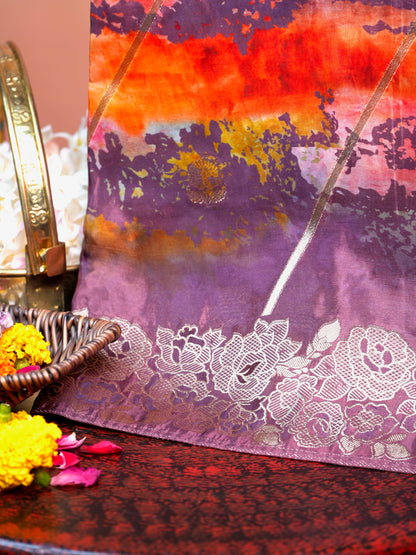 UTSAV BANARAS 490: Orchid Malai Silk Saree with Digital Print, Zari Stripe Design &amp; Floral Zari Border