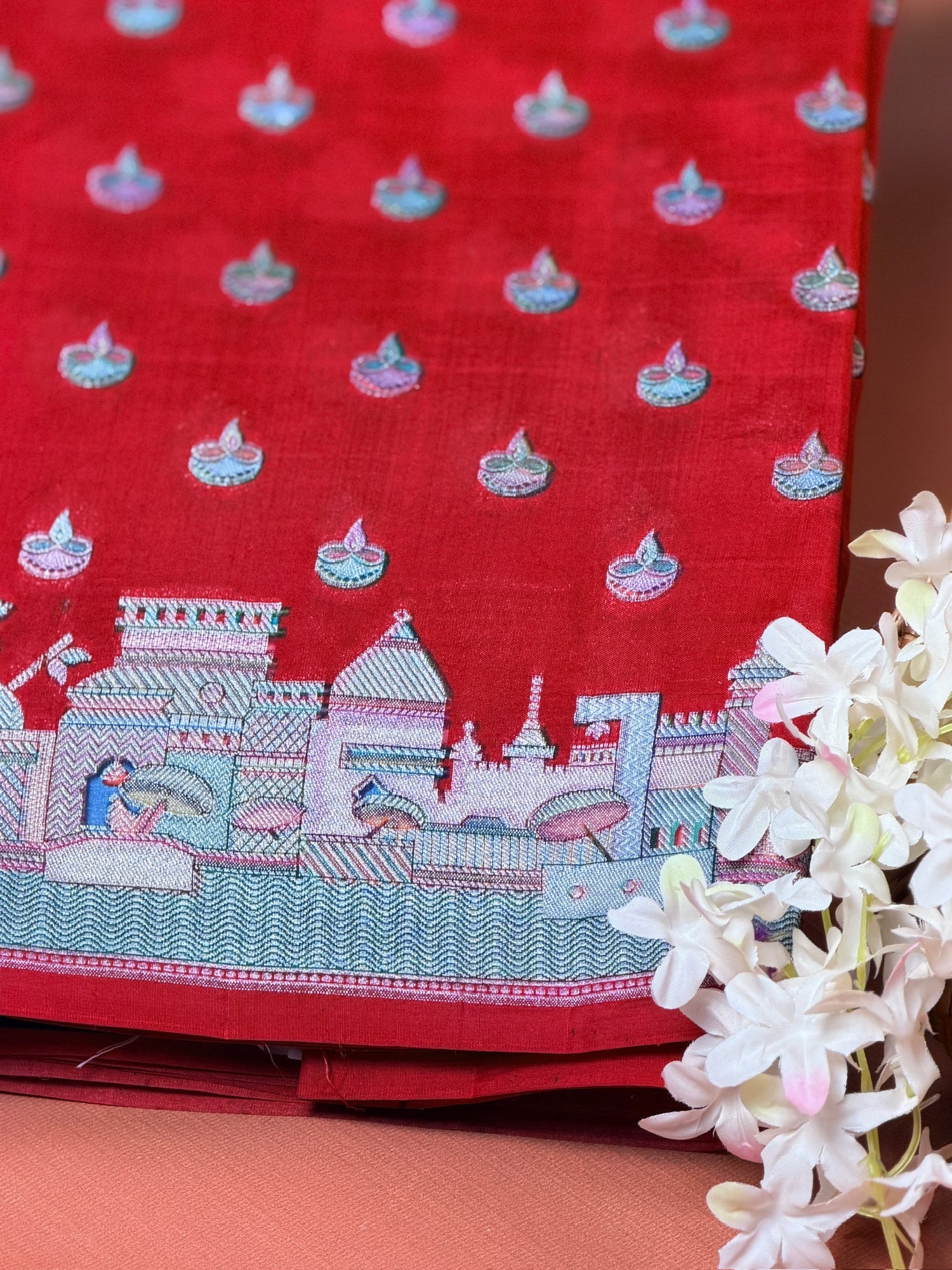 VIRASAT 428: Pure Silk Banarasi Saree with Heritage Ghat Border, Silver Zari Meenakari &amp; Diya Buti