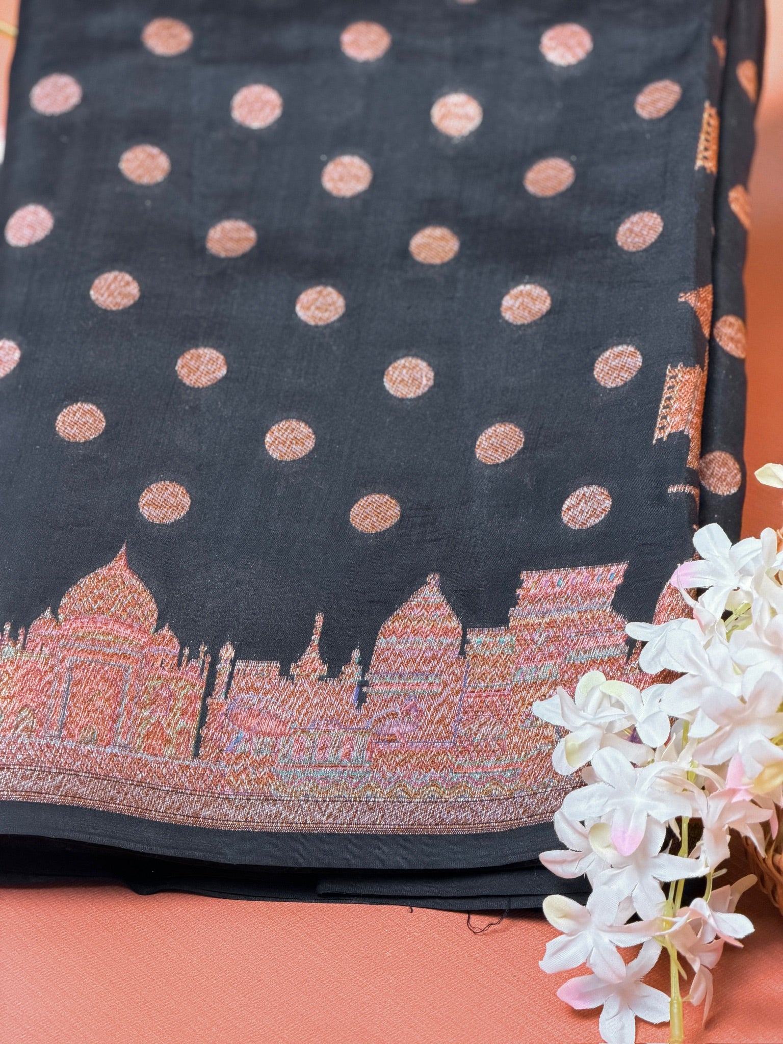 VIRASAT 429: Pure Silk Banarasi Saree with Heritage Ghat Border, Antique Zari Meenakari &amp; Polka Dot Weaving