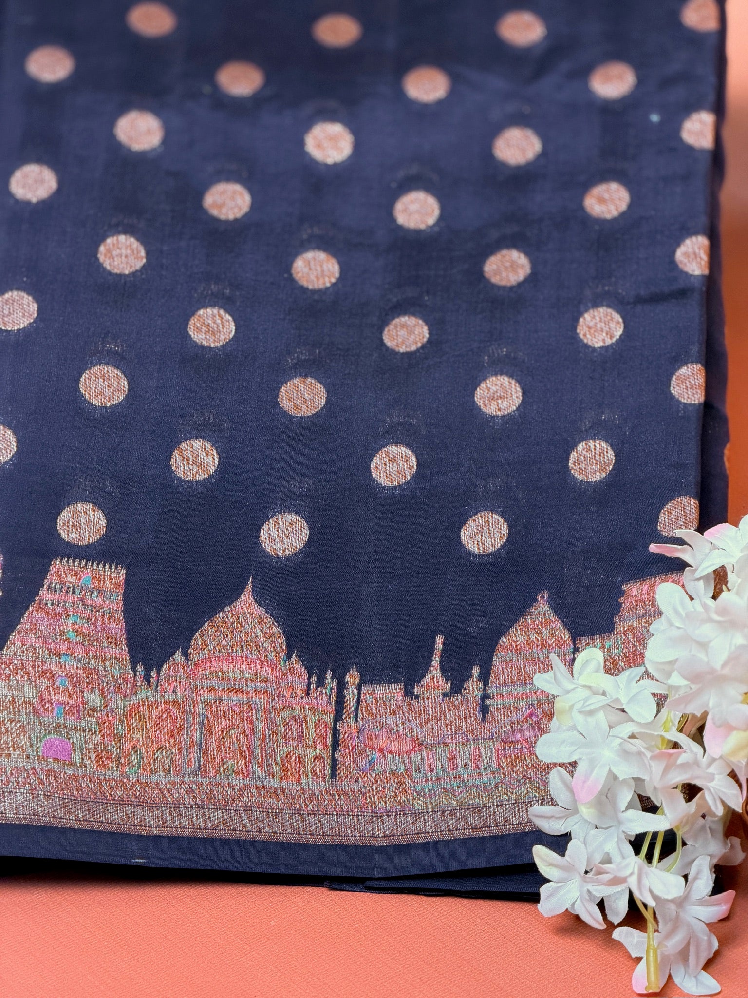VIRASAT 436: Deep Ink Blue Pure Silk Banarasi Saree with Heritage Ghat Border, Antique Zari Meenakari &amp; Polka Dot Weaving