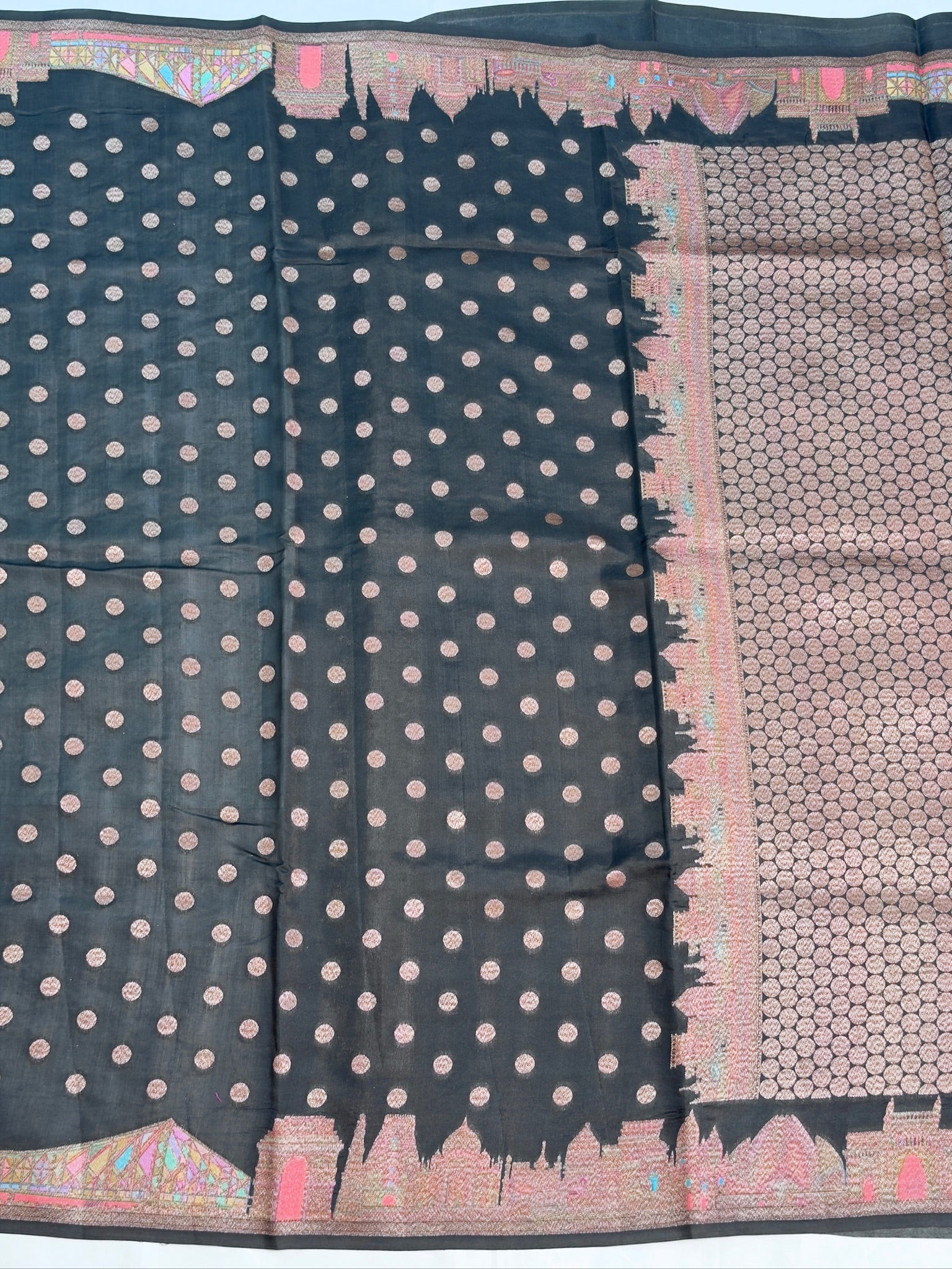 VIRASAT 429: Pure Silk Banarasi Saree with Heritage Ghat Border, Antique Zari Meenakari &amp; Polka Dot Weaving