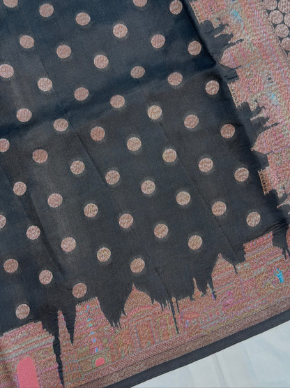 VIRASAT 429: Pure Silk Banarasi Saree with Heritage Ghat Border, Antique Zari Meenakari &amp; Polka Dot Weaving