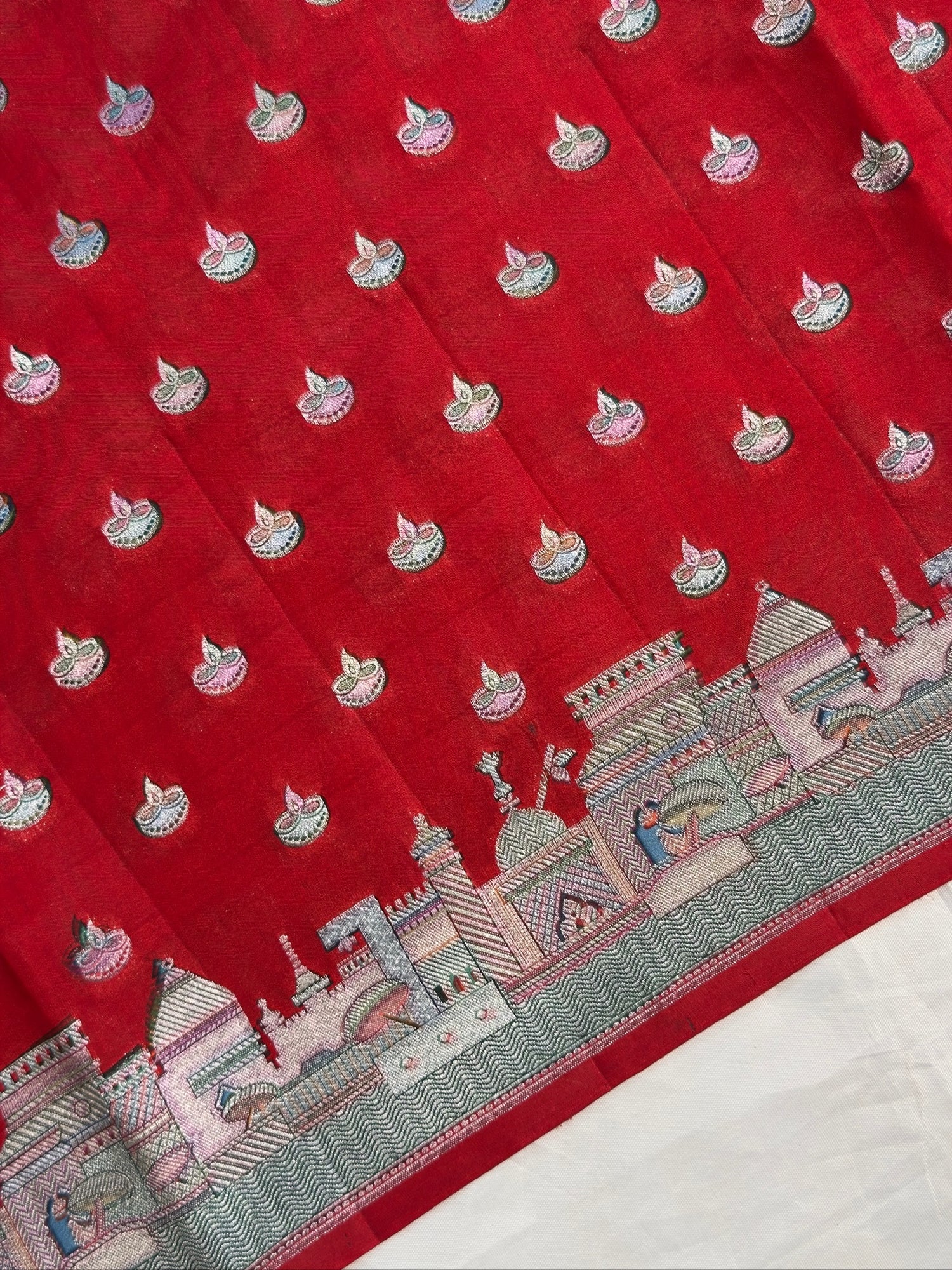VIRASAT 428: Pure Silk Banarasi Saree with Heritage Ghat Border, Silver Zari Meenakari &amp; Diya Buti