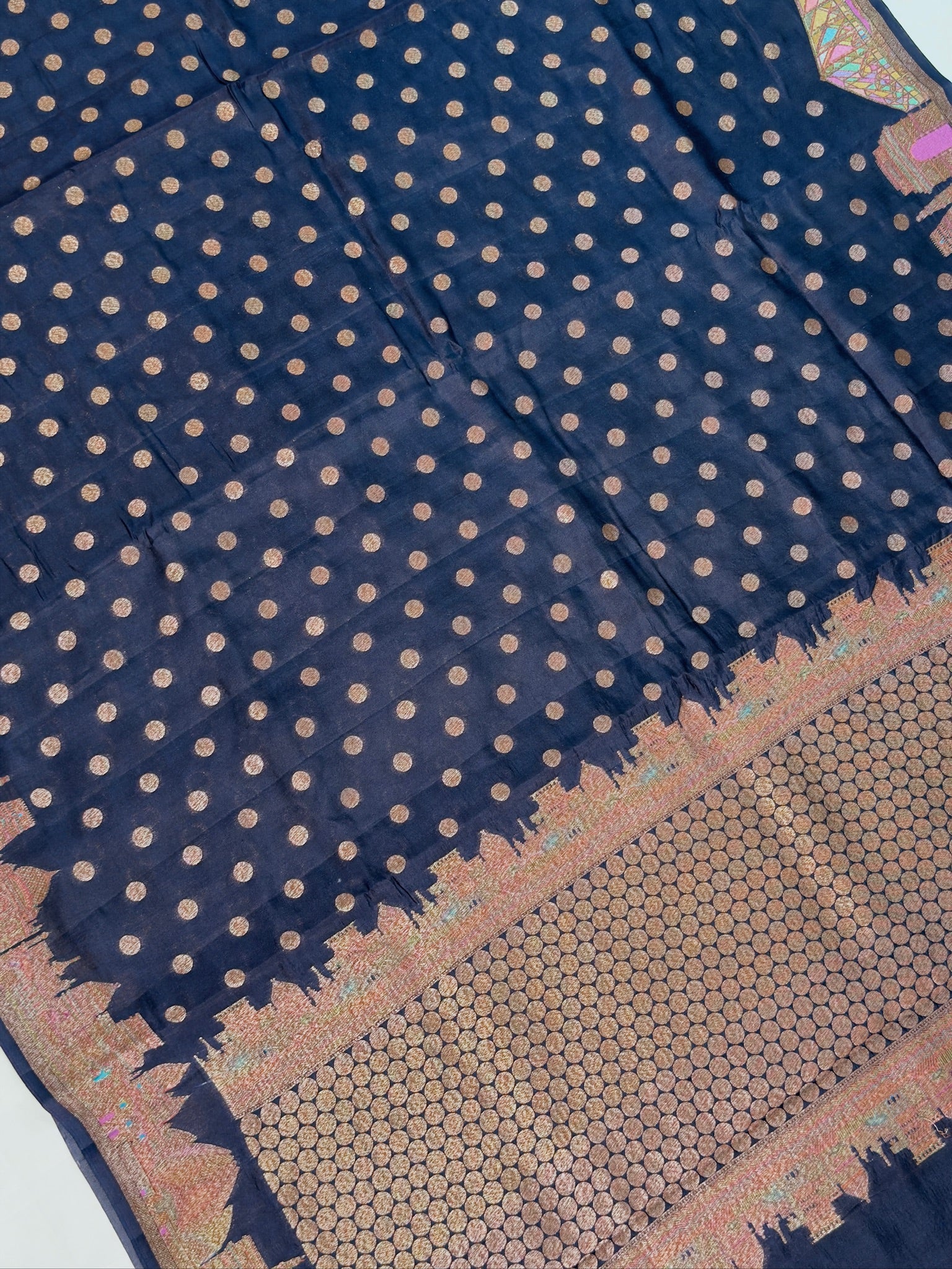 VIRASAT 436: Deep Ink Blue Pure Silk Banarasi Saree with Heritage Ghat Border, Antique Zari Meenakari &amp; Polka Dot Weaving