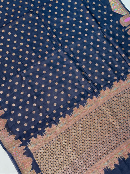 VIRASAT 436: Deep Ink Blue Pure Silk Banarasi Saree with Heritage Ghat Border, Antique Zari Meenakari &amp; Polka Dot Weaving