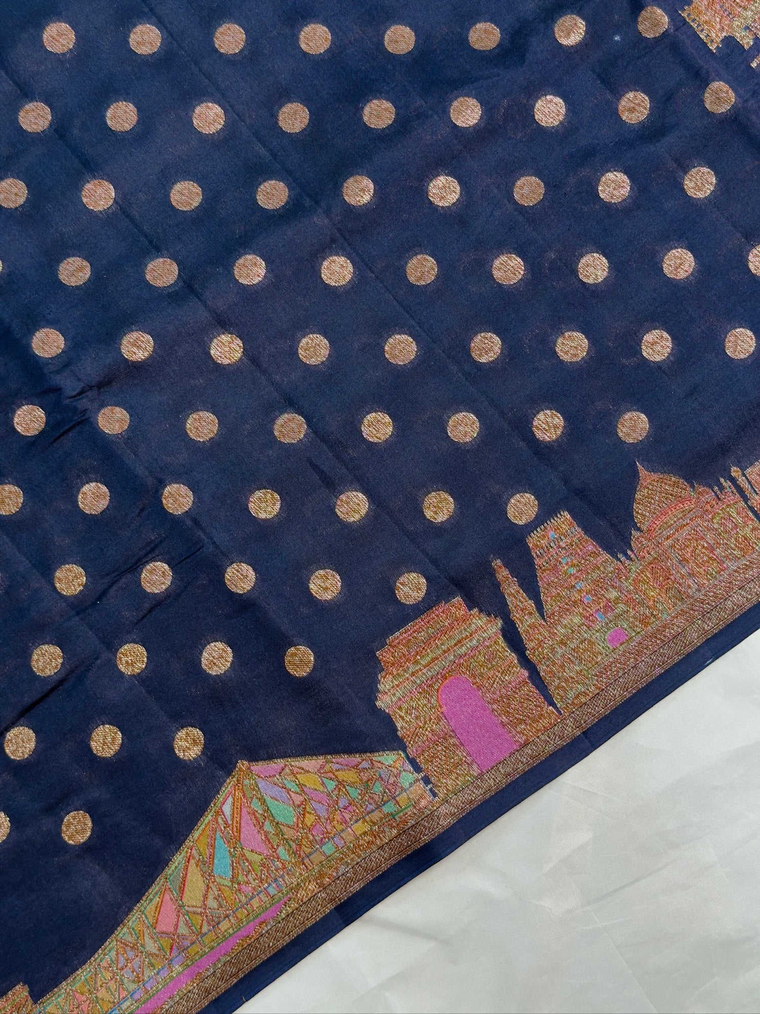 VIRASAT 436: Deep Ink Blue Pure Silk Banarasi Saree with Heritage Ghat Border, Antique Zari Meenakari &amp; Polka Dot Weaving