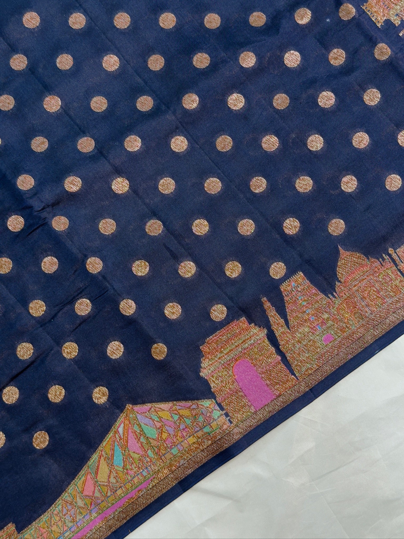 VIRASAT 436: Deep Ink Blue Pure Silk Banarasi Saree with Heritage Ghat Border, Antique Zari Meenakari &amp; Polka Dot Weaving