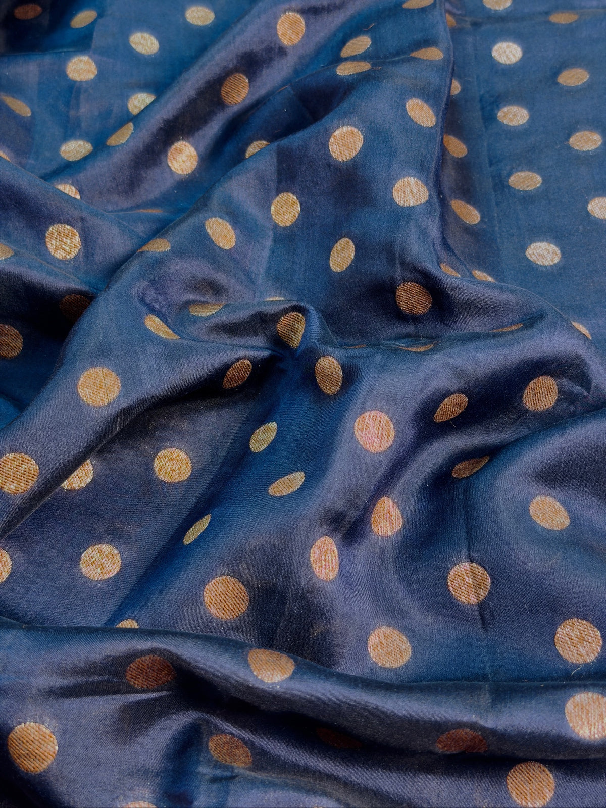 VIRASAT 429A: Deep Ink Blue Pure Silk Banarasi Saree with Heritage Ghat Border, Antique Zari Meenakari &amp; Polka Dot Weaving