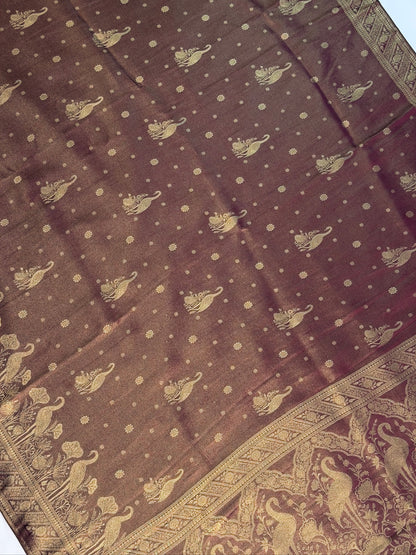 UTSAV BANARAS 443: Rich Brown Soft Tissue Silk Saree with Zari Floral &amp; Peacock Border