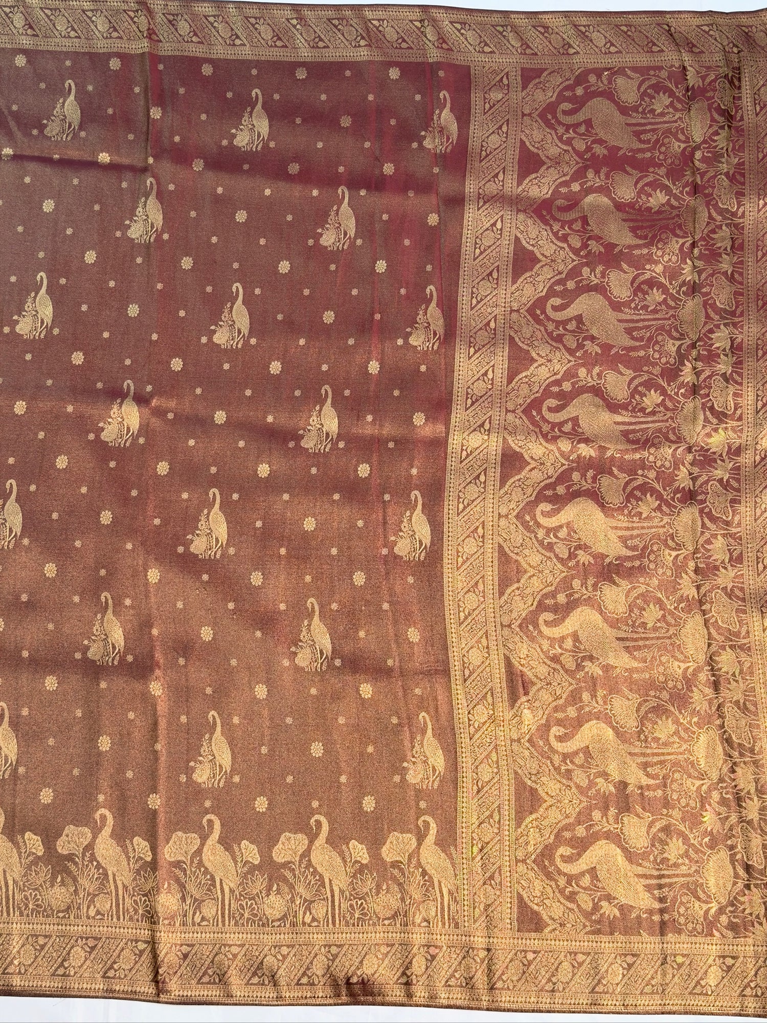 UTSAV BANARAS 443: Rich Brown Soft Tissue Silk Saree with Zari Floral &amp; Peacock Border