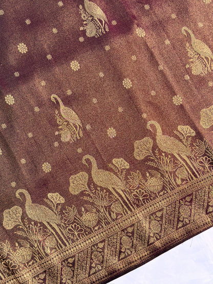 UTSAV BANARAS 443: Rich Brown Soft Tissue Silk Saree with Zari Floral &amp; Peacock Border