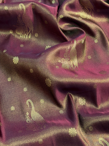UTSAV BANARAS 443: Rich Brown Soft Tissue Silk Saree with Zari Floral &amp; Peacock Border