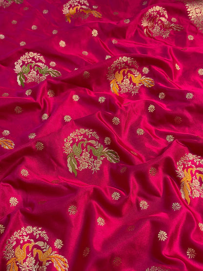 UTSAV BANARAS 422: Dulhan Rani Pink Satin Mashru Valkalam Saree with Meenakari Floral Border &amp; Matching Dupatta