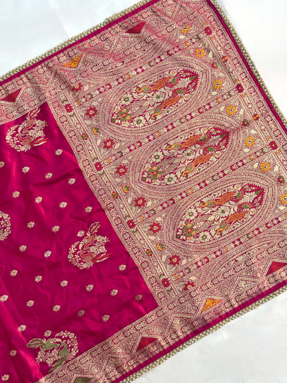 UTSAV BANARAS 422: Dulhan Rani Pink Satin Mashru Valkalam Saree with Meenakari Floral Border &amp; Matching Dupatta