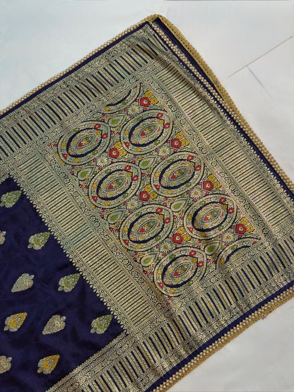 UTSAV BANARAS 419: Deep Violet Satin Mashru Silk Saree with Resham Weaving, Meenakari Floral Border &amp; Matching Dupatta