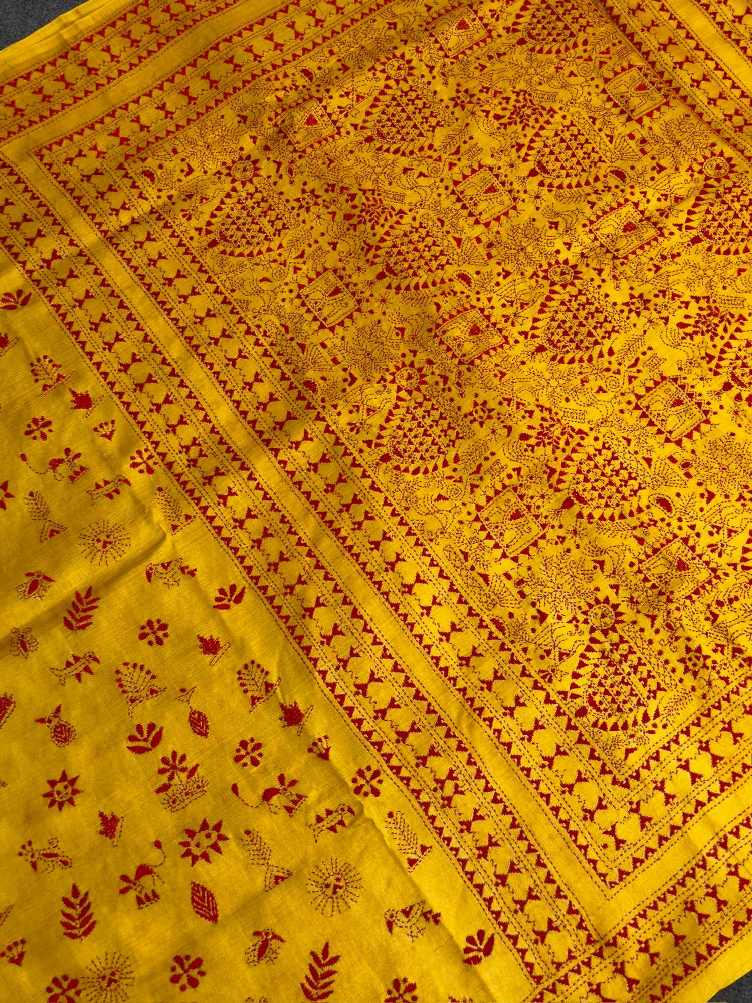 VIRASAT 356: Amber Yellow Pure Tussar Silk Saree with Intricate Cross Stitch Work | Silk Mark Certified