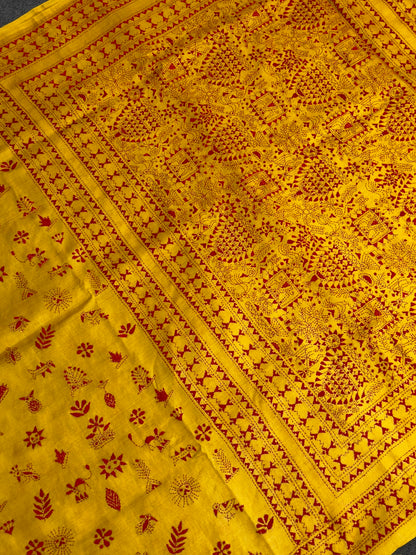 VIRASAT 356: Amber Yellow Pure Tussar Silk Saree with Intricate Cross Stitch Work | Silk Mark Certified