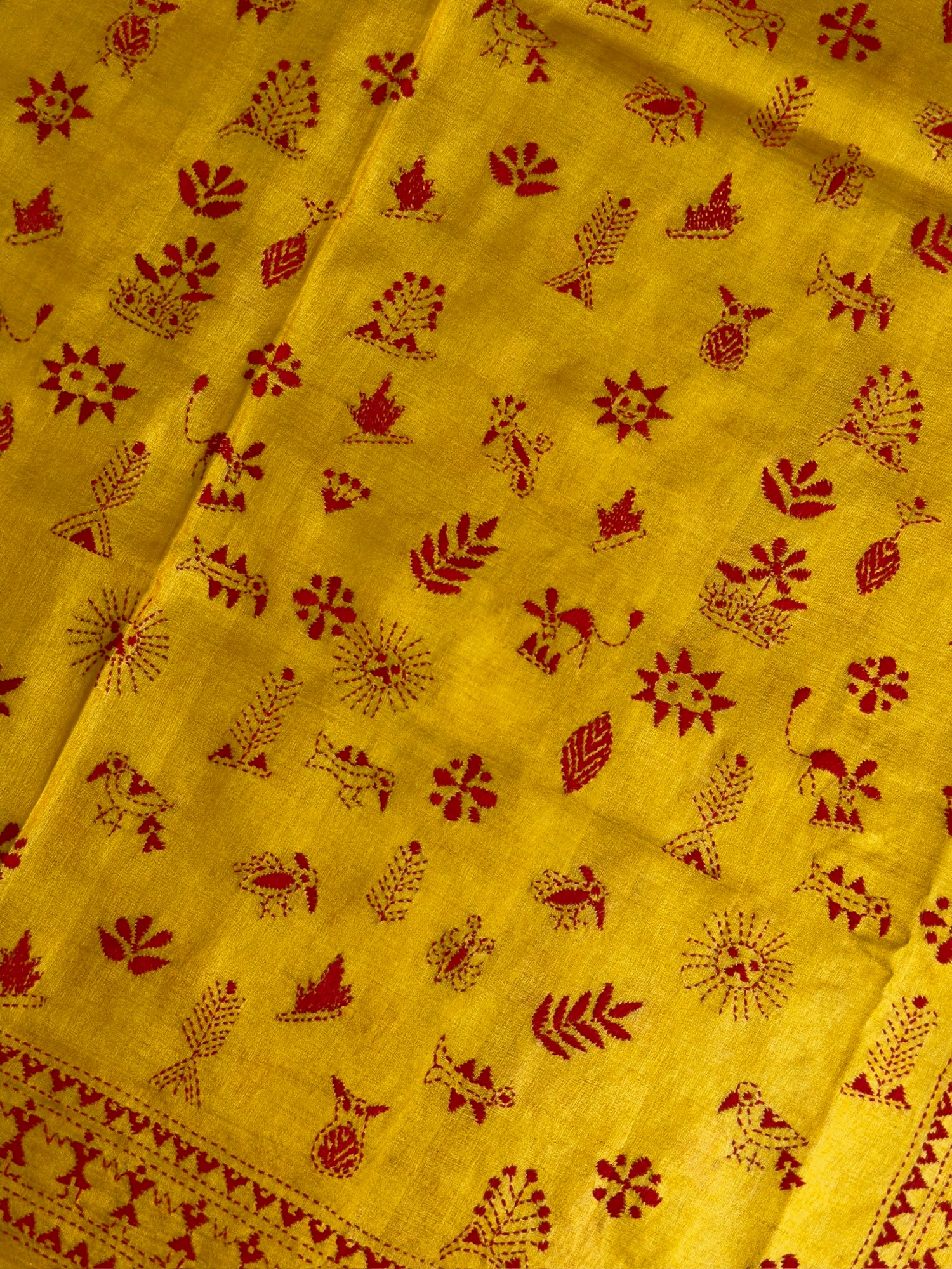VIRASAT 356: Amber Yellow Pure Tussar Silk Saree with Intricate Cross Stitch Work | Silk Mark Certified