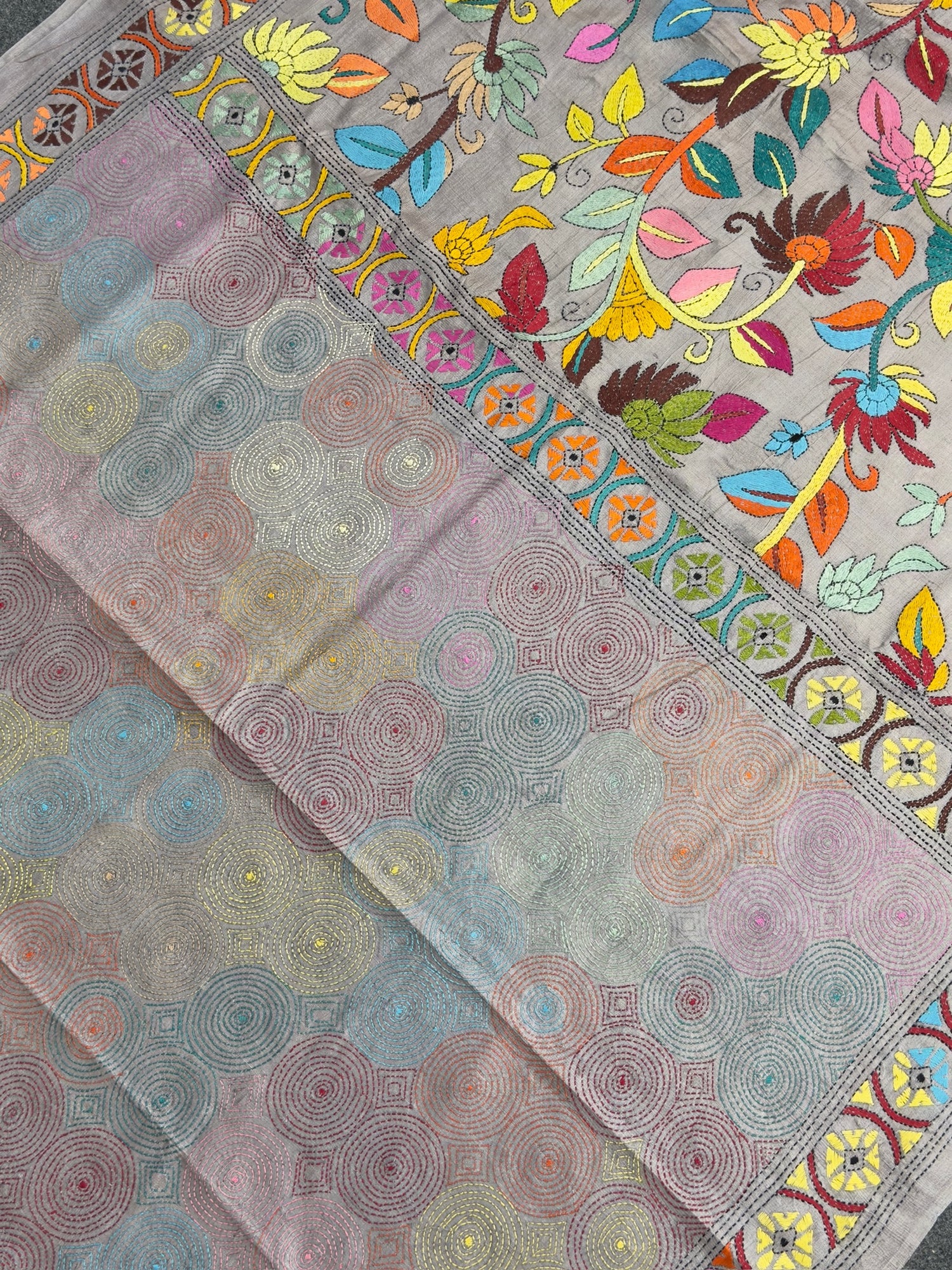 VIRASAT 362: Champagne Rose Pure Tussar Silk Saree with Multicolor Cross Stitch Art | Silk Mark Certified