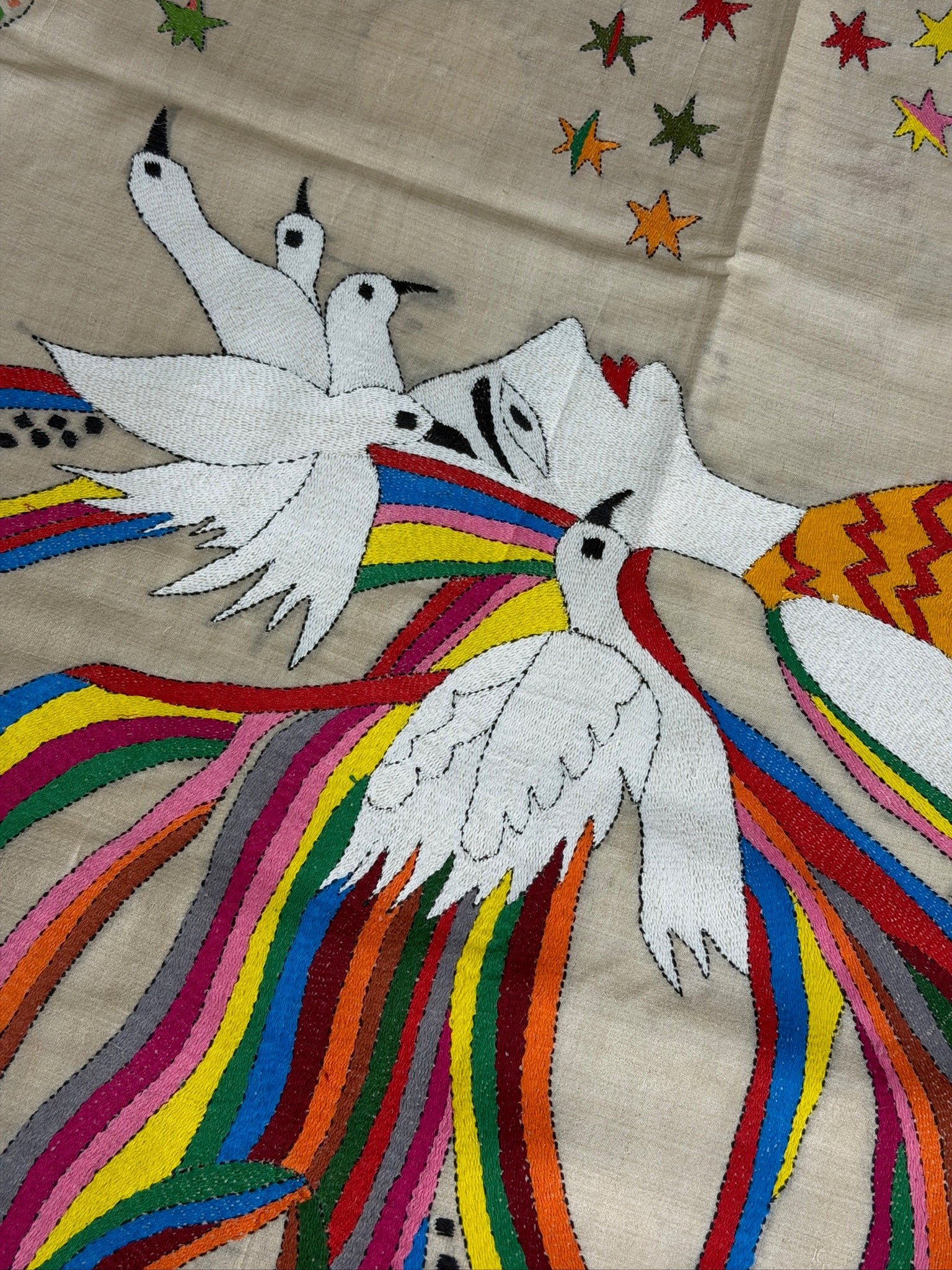 VIRASAT 361: Gold Beige Pure Tussar Silk Saree with Artistic Cross Stitch Work | Silk Mark Certified