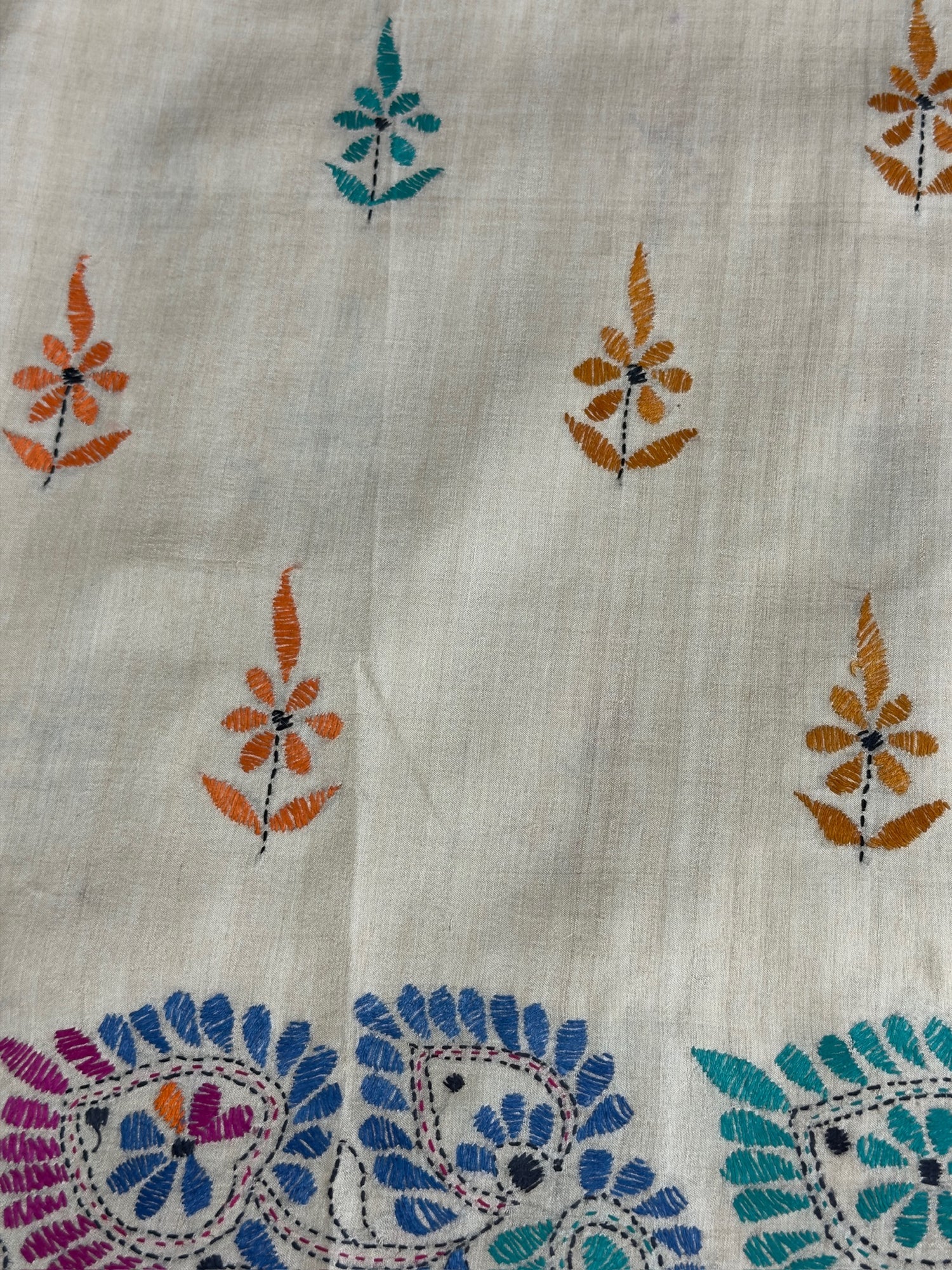 VIRASAT 357: Breezy Beige Pure Tussar Silk Saree with Multicolor Cross Stitch Work | Silk Mark Certified
