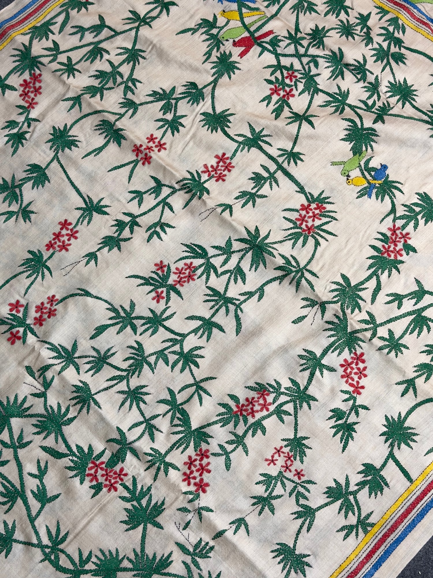 VIRASAT 363: Classic Beige Pure Tussar Silk Saree with Floral Vine Cross Stitch Work | Silk Mark Certified