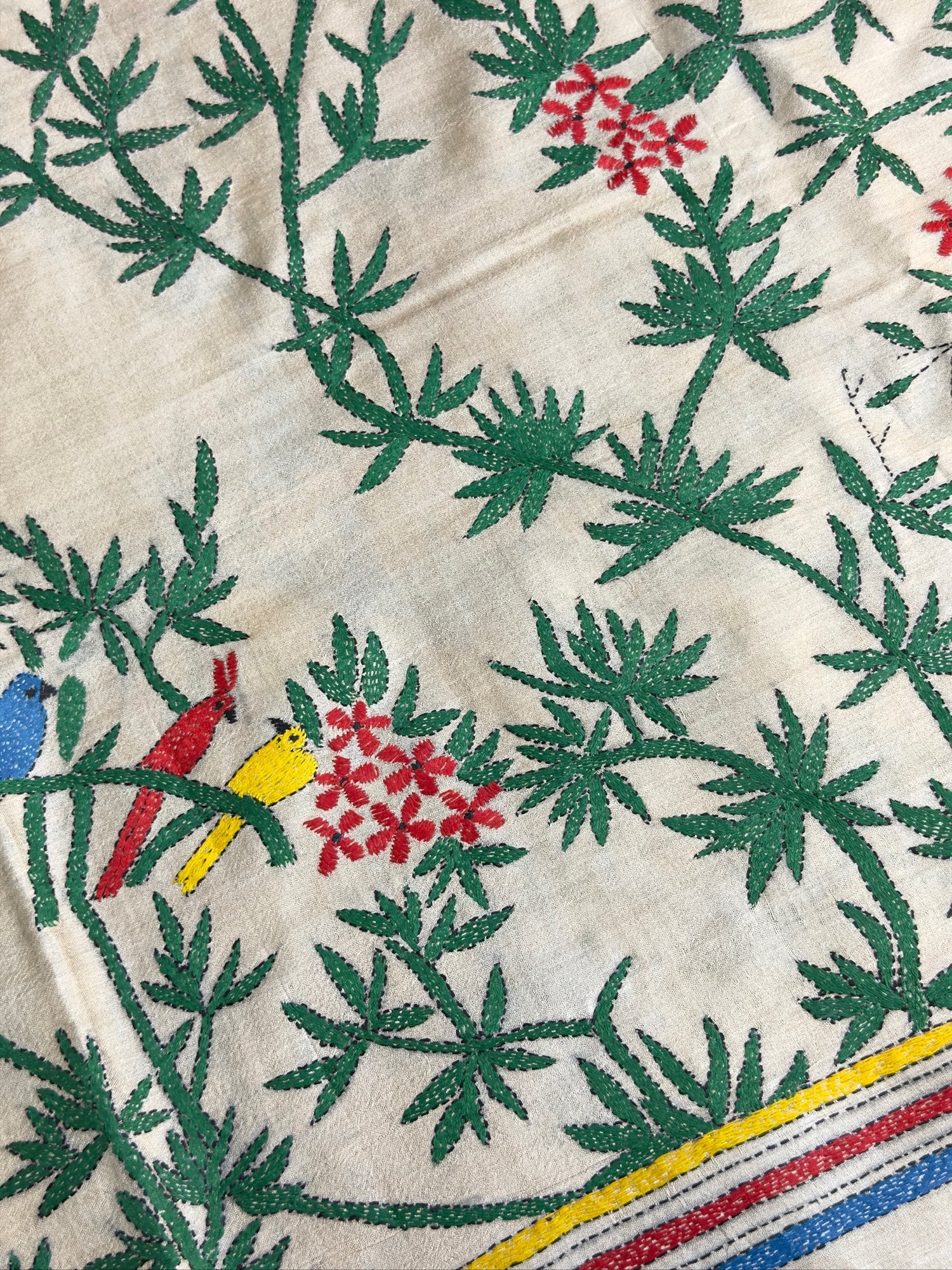 VIRASAT 363: Classic Beige Pure Tussar Silk Saree with Floral Vine Cross Stitch Work | Silk Mark Certified