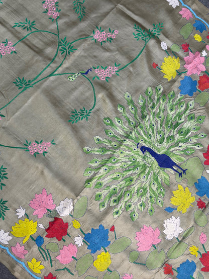 VIRASAT 359: Crocodile Green Pure Tussar Silk Saree with Peacock &amp; Floral Cross Stitch Work | Silk Mark Certified