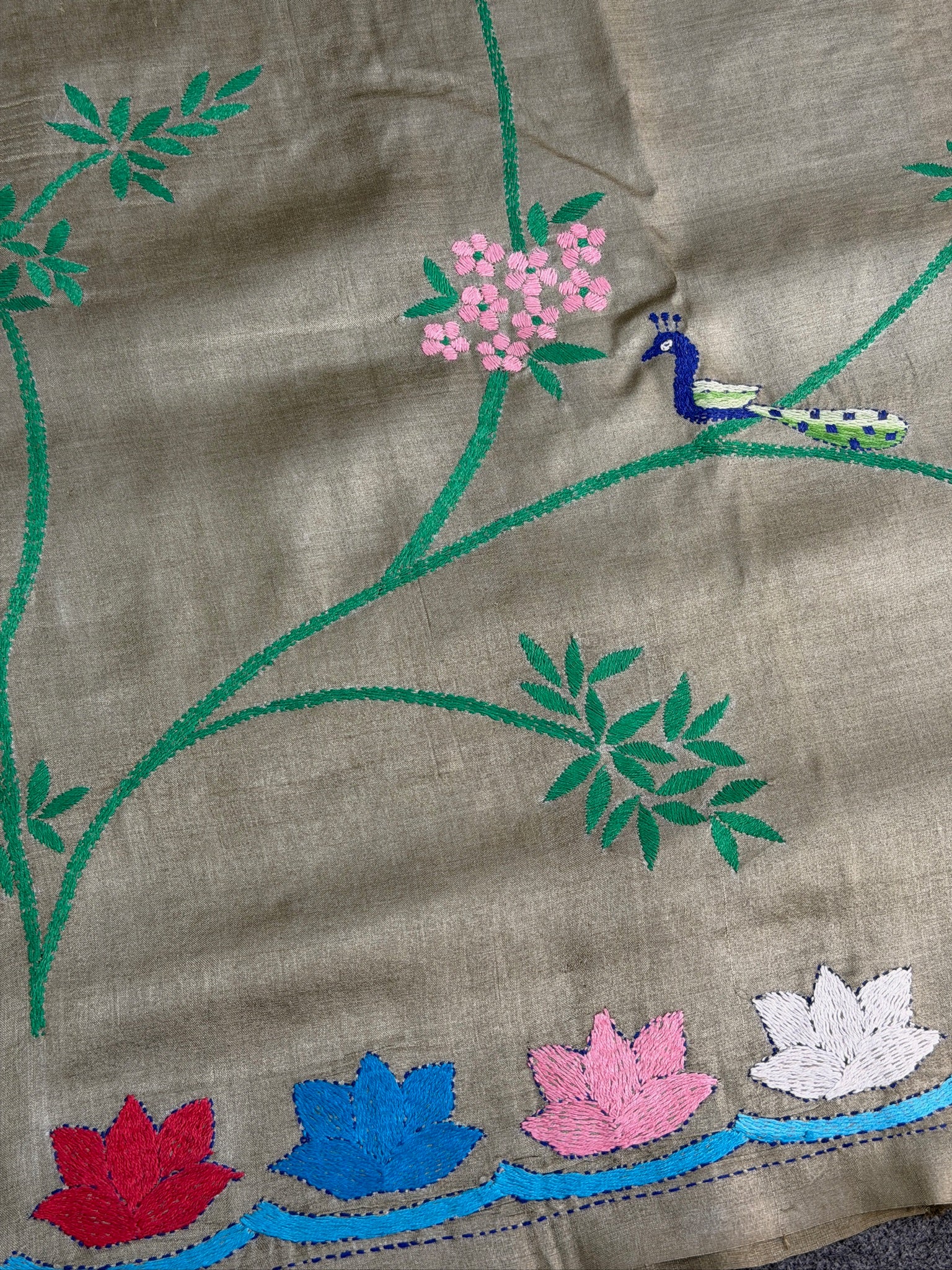 VIRASAT 359: Crocodile Green Pure Tussar Silk Saree with Peacock &amp; Floral Cross Stitch Work | Silk Mark Certified