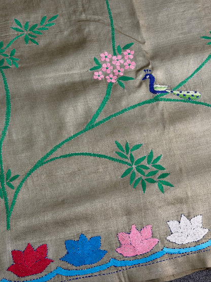 VIRASAT 359: Crocodile Green Pure Tussar Silk Saree with Peacock &amp; Floral Cross Stitch Work | Silk Mark Certified