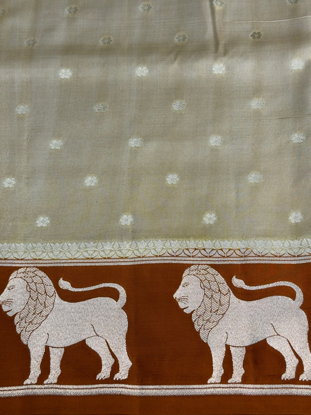 VIRASAT 368: Gold Pure Katan Silk Saree with Zari Lion Motif Border