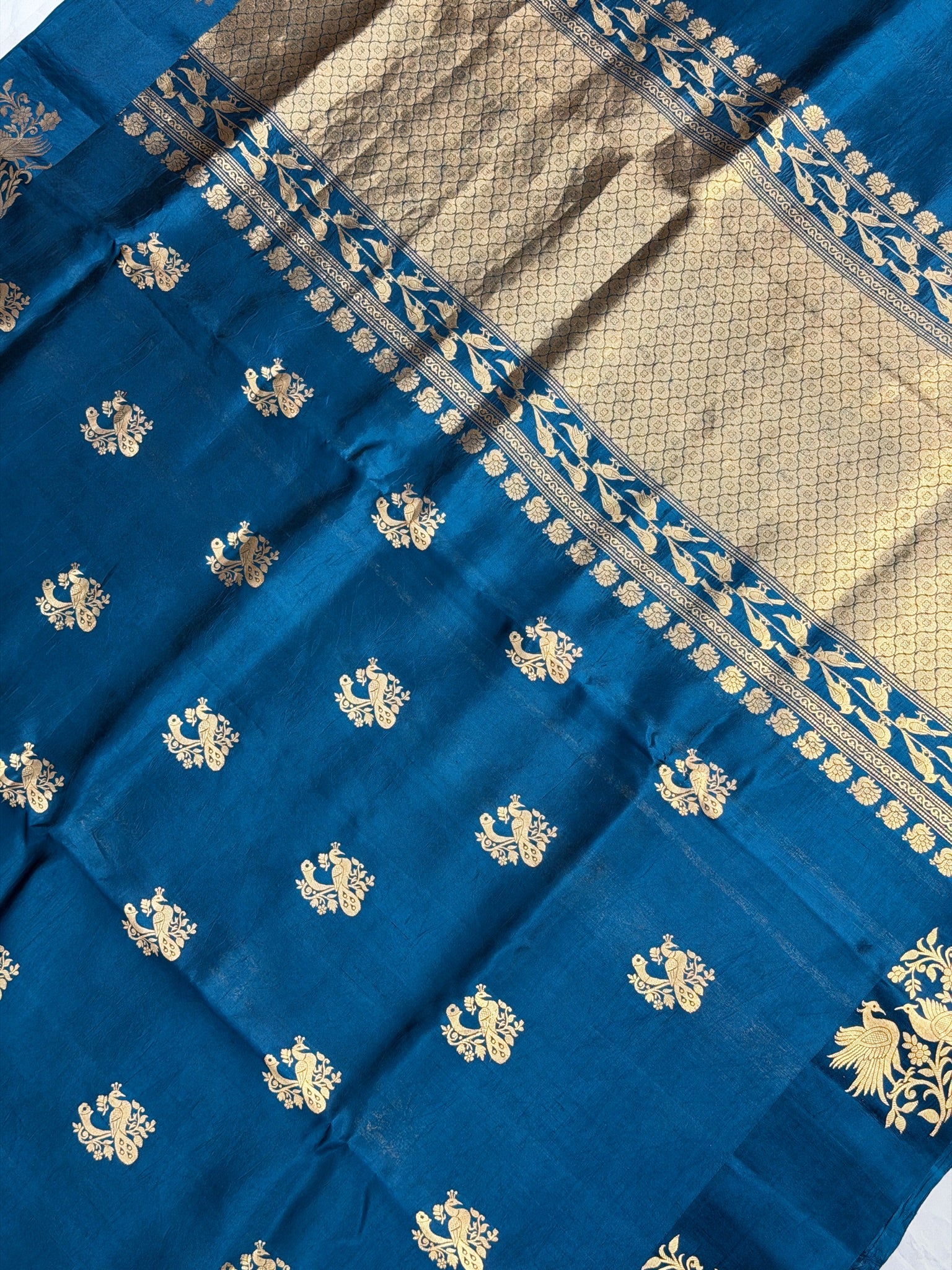 VIRASAT 372: Teal Blue Pure Mashru Silk Saree with Zari Bird Motifs
