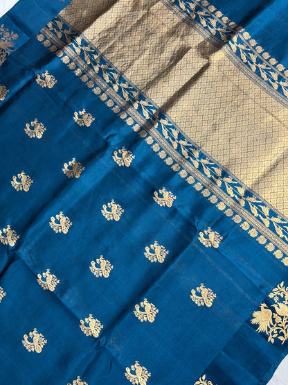 VIRASAT 372: Teal Blue Pure Mashru Silk Saree with Zari Bird Motifs