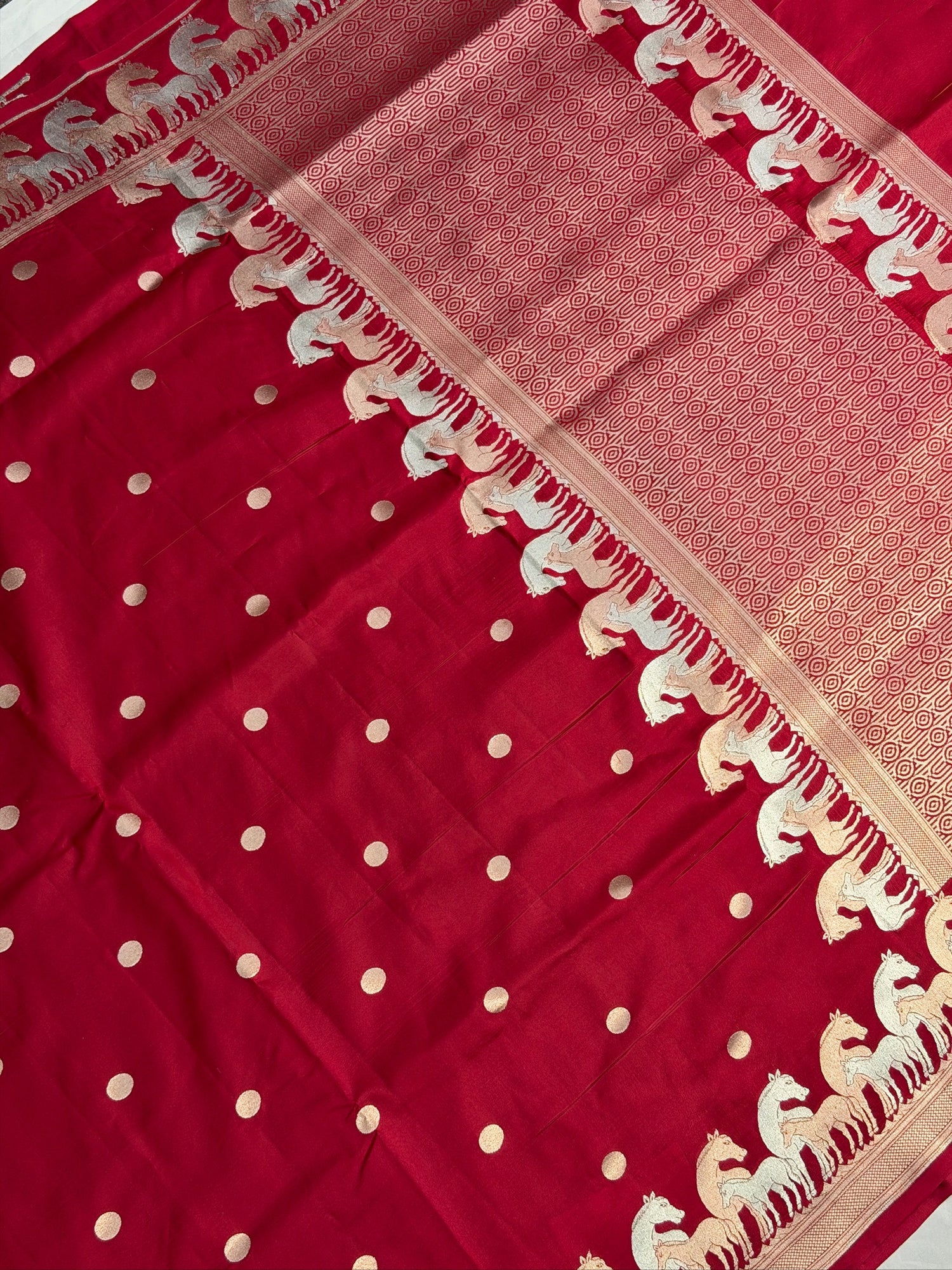 VIRASAT 366: Crimson Red Pure Katan Silk Saree with Sona Rupa Zari Animal Motifs | Silk Mark Certified