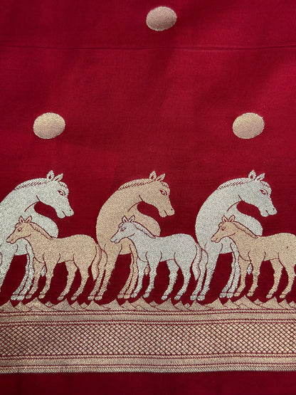 VIRASAT 366: Crimson Red Pure Katan Silk Saree with Sona Rupa Zari Animal Motifs | Silk Mark Certified