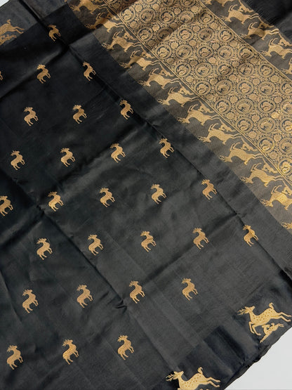 VIRASAT 370: Night Black Pure Mashru Silk Saree with Gold Zari Animal Motifs